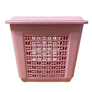 Vintage Rubbermaid Hamper Laundry Basket Pink MCM Tulip Flower 2787 With Lid